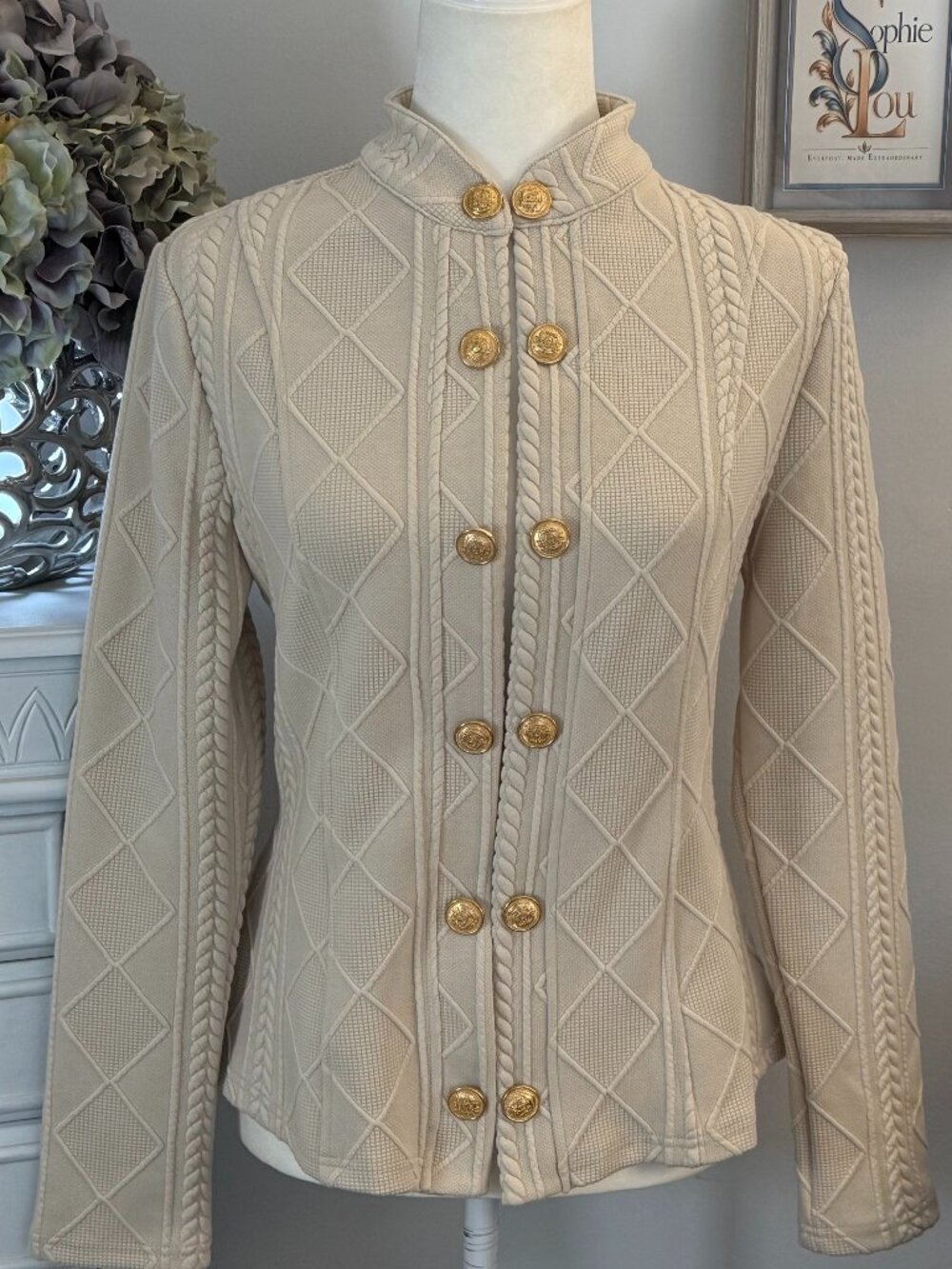 CHICME Ivory Textured Gold Button Military Style Jacket Small NWOT